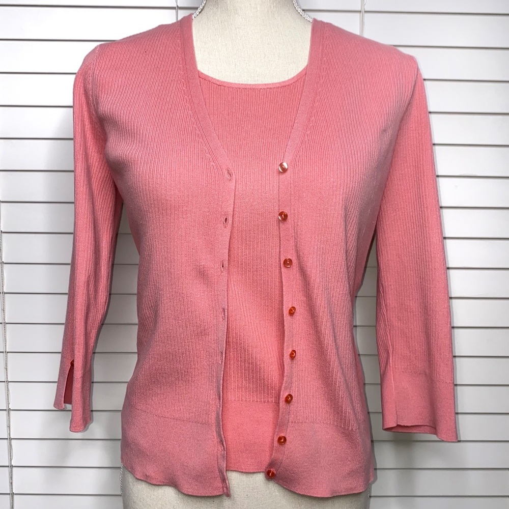 Talbots Pink Ribbed V-Neck Cardigan with Matching Shell - Picture 8 of 8